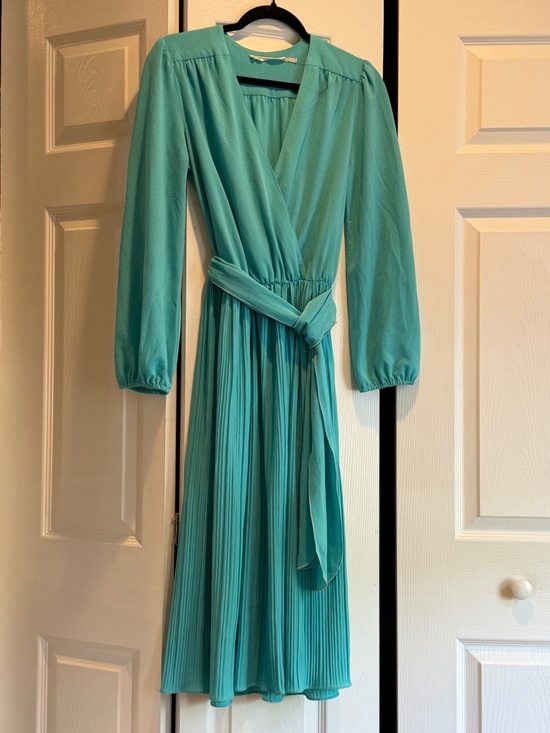 Cathy Dresses & Skirts - Vintage 70s 80s Teal Pleated Midi Dress Wrap Style Long Sleeve Belted